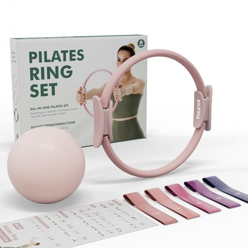 PAETA Pilates Ring Set – 14” Magic Circle (38 lbs Resistance), 9.8” Pilates Ball, 5 Resistance Bands, and Exercise Guide Included for Home Workouts(Pink) | Amazon (US)