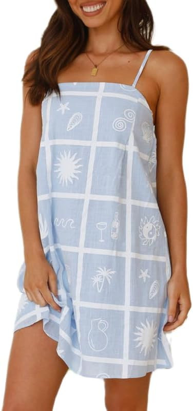 Women Boho Graffiti Cami Mini Dress Spaghetti Strap Printed A Line Short Dress Cute Colorful Sund... | Amazon (US)