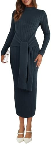 Saodimallsu Womens Long Sleeve Midi Sweater Dress Bodycon Mock Neck Ribbed Knit Tie Waist Fall Lo... | Amazon (US)