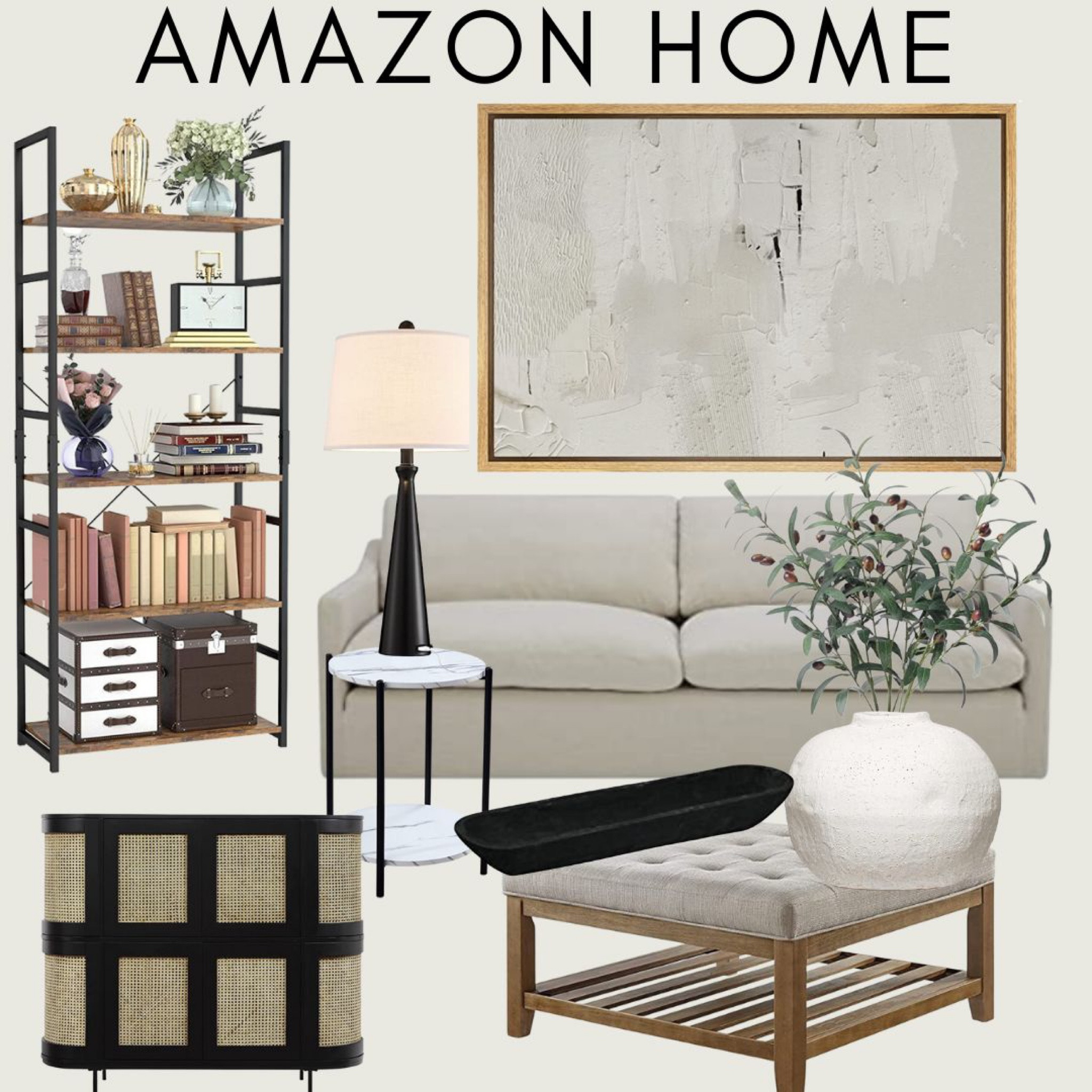 Amazon home decor 
Art
Ottoman 
Vase
Faux flowers 
Couch
Bookshelf 
End table 

#LTKhome #LTKFind