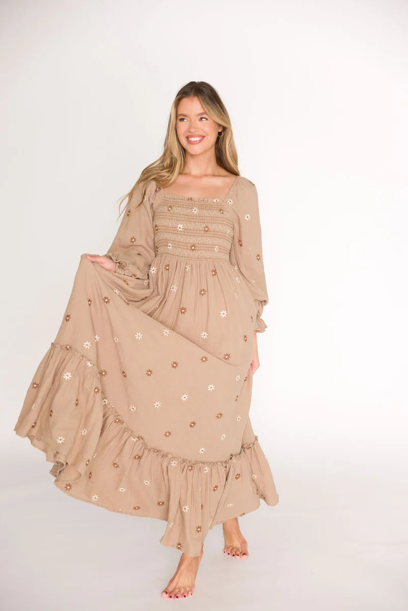 Emmie Embroidered Floral Maxi Dress in Grey-Taupe | Worth Collective