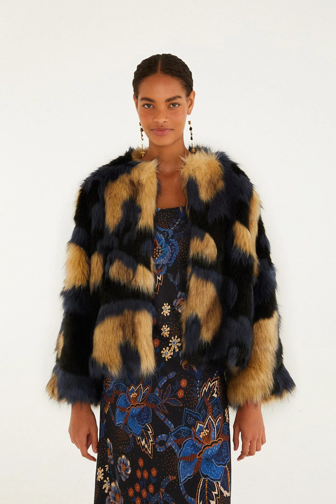 Multicolor Faux Fur Coat, BLUE / XL | FarmRio (US)