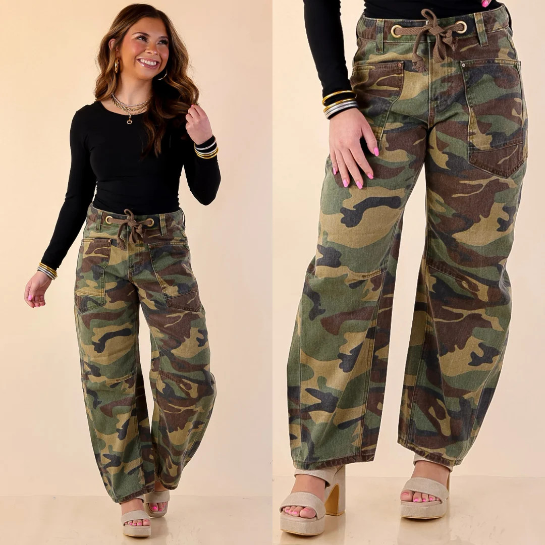 Risen | Built With Ease Wide Leg Drawstring Barrel Jean in Camo Print | Shop.app
