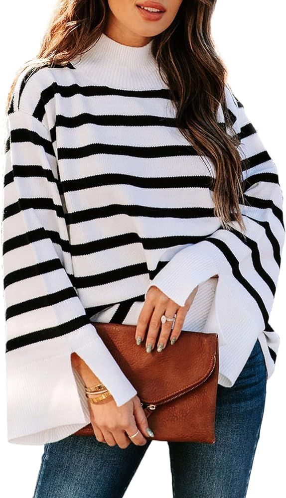 AlvaQ Womens Sweaters 2023 Fall Winter Bell Sleeve Mock Neck Striped Sweater Casual Loose Ribbed ... | Amazon (US)