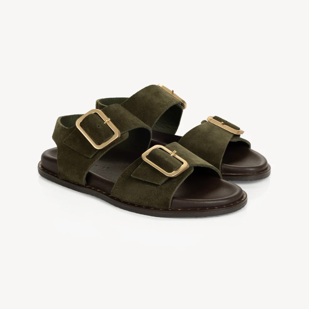 Gala Two Bar Back Strap Sandals: Olive Suede - Pre-Order (Dispatch w/c | Air & Grace