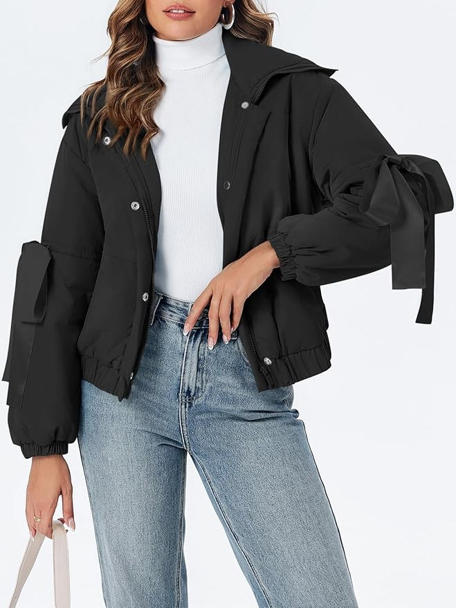 Tankaneo Womens Bow Puffer Jacket Winter Warm Cropped Quilted Jackets Baggy Short Down Coats | Amazon (US)