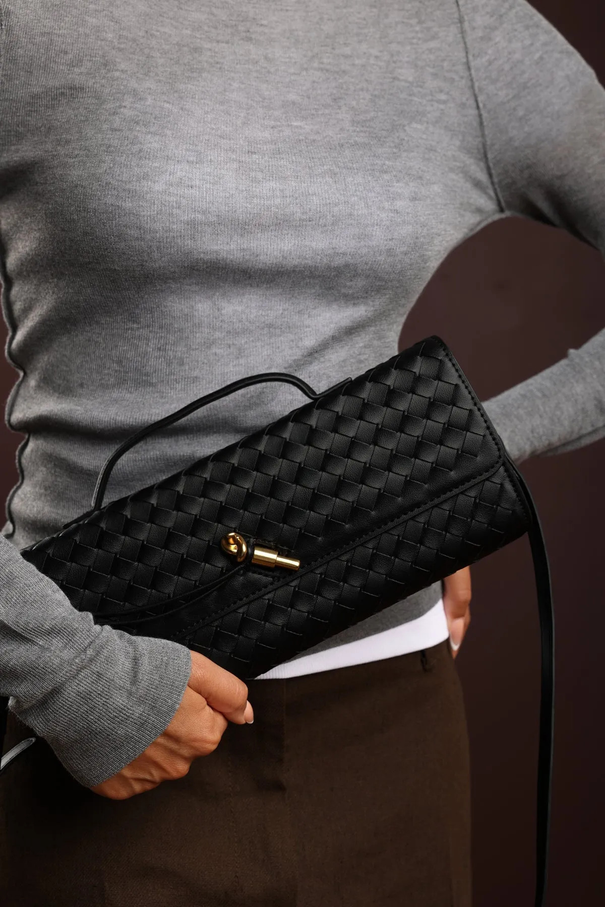 Black Where's That From 'Petal' Envelope Style Woven Clutch Bag | Boohoo | Boohoo.com (UK & IE)