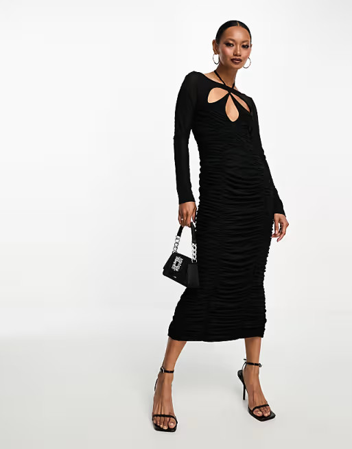 ASOS DESIGN cut out ruched mesh midi dress in black | ASOS (Global)
