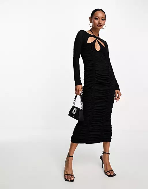 ASOS DESIGN cut out ruched mesh midi dress in black | ASOS (Global)