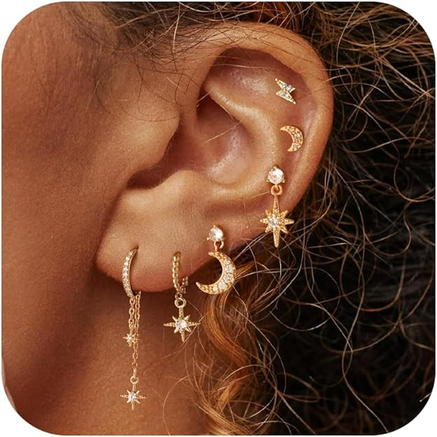 3 Pcs/6 Pcs Stud Earrings for Women - 18K Gold/Silver Plated Moon Star Hoop Stackable Cubic Zirco... | Amazon (US)