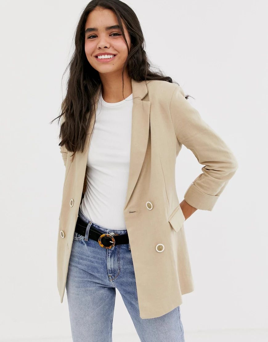 Bershka – Beige dubbelknäppt blazer i longline och linne | ASOS (Global)