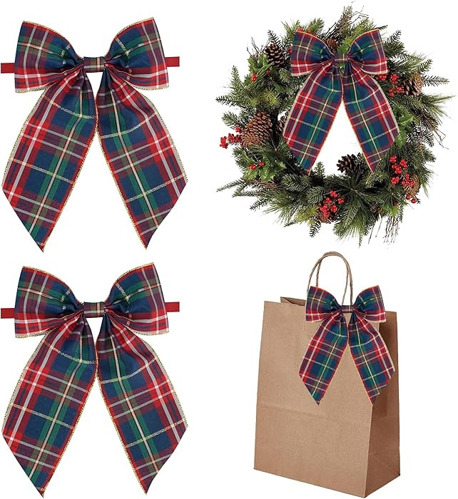 AIMUDI Christmas Bows for Gift Wrapping 6×9'' Navy Blue and Gold Plaid Bows for Christmas Tree W... | Amazon (US)