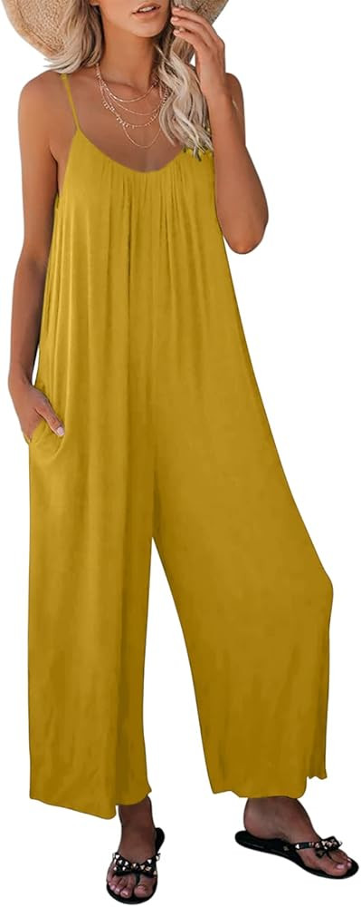 Dokotoo Women's Loose Sleeveless Jumpsuits Adjustable Spaghetti Strap Stretchy Long Pant Romper J... | Amazon (US)