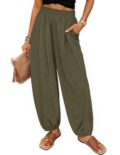ZESICA Women's High Waisted Wide Leg Palazzo Pants 2026 Summer Lounge Pant Beach Travel Vacation Trousers Outfits ArmyGreen Small | Amazon (US)