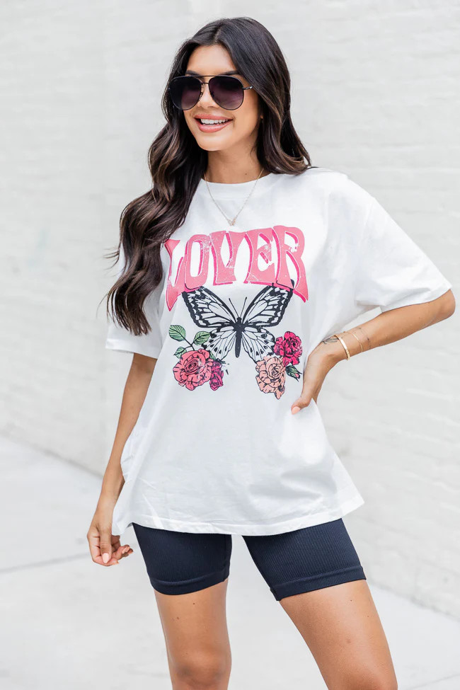 Lover Butterfly White Oversized Graphic Tee | Pink Lily