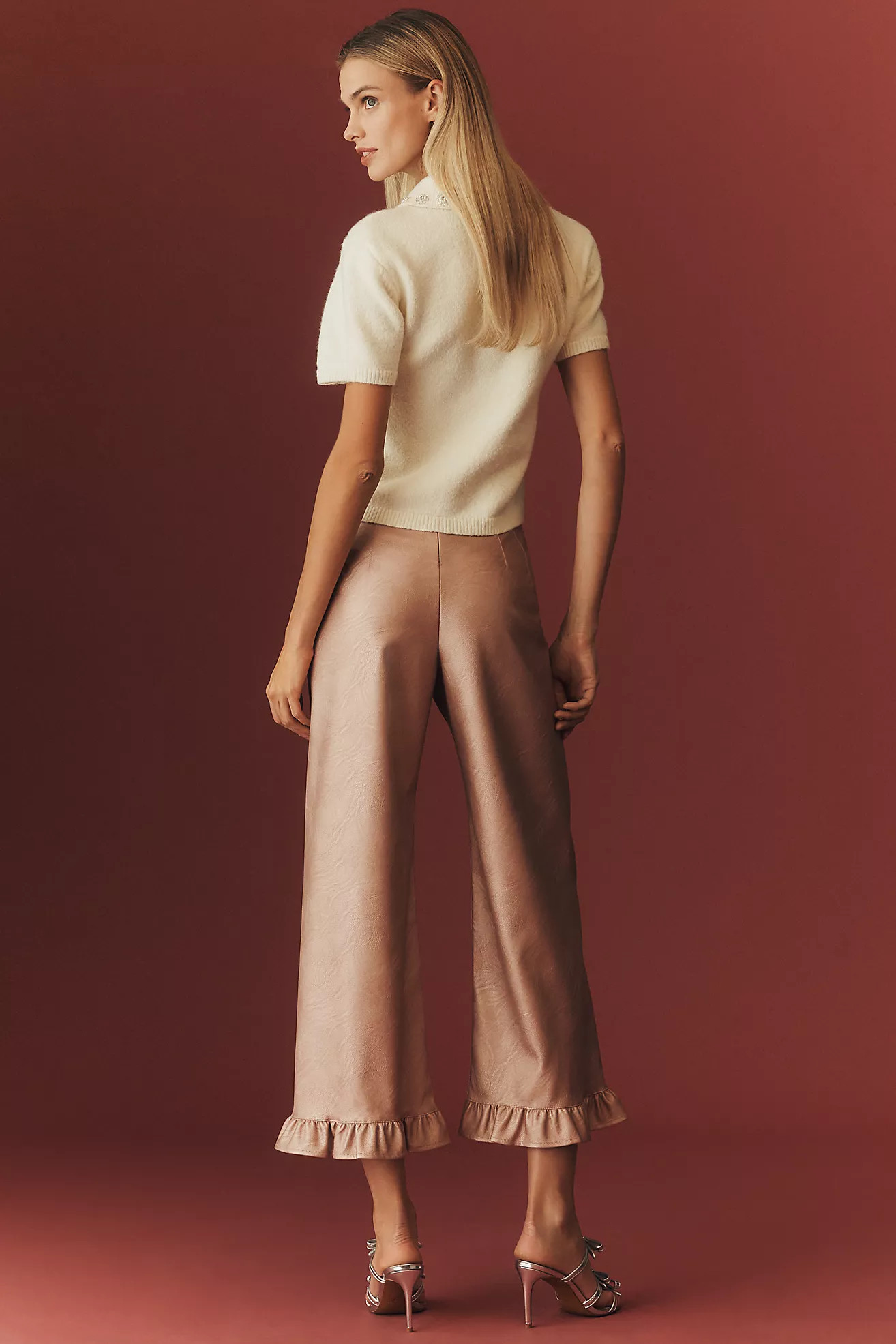 The Colette Crop Metallic Faux-Leather Ruffle-Hem Trousers by Maeve | Anthropologie (UK)