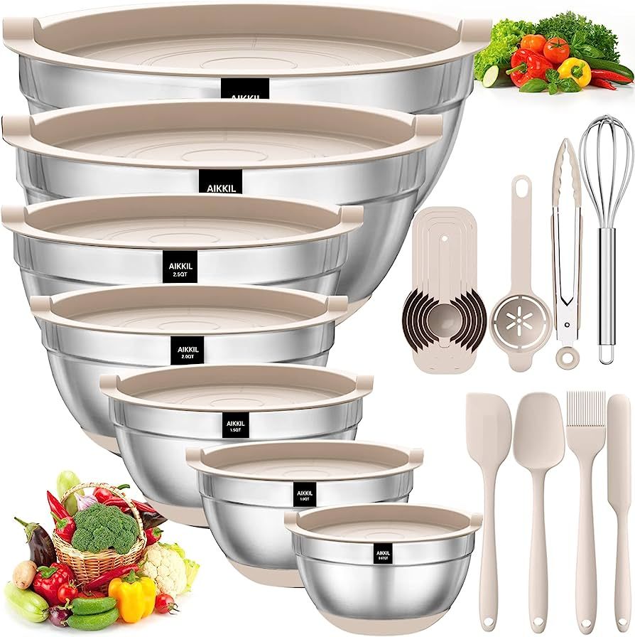 AIKKIL Mixing Bowls with Airtight Lids, 20 piece Stainless Steel Metal Nesting Bowls, Non-Slip Si... | Amazon (US)
