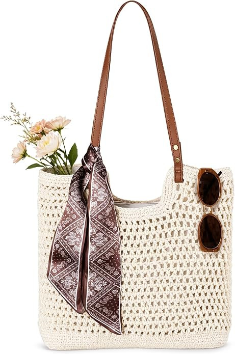 Crochet Beach Tote Bag, Boho Woven Bag with Lining & Zipper Closure, Shoulder Bag for Women Summe... | Amazon (US)