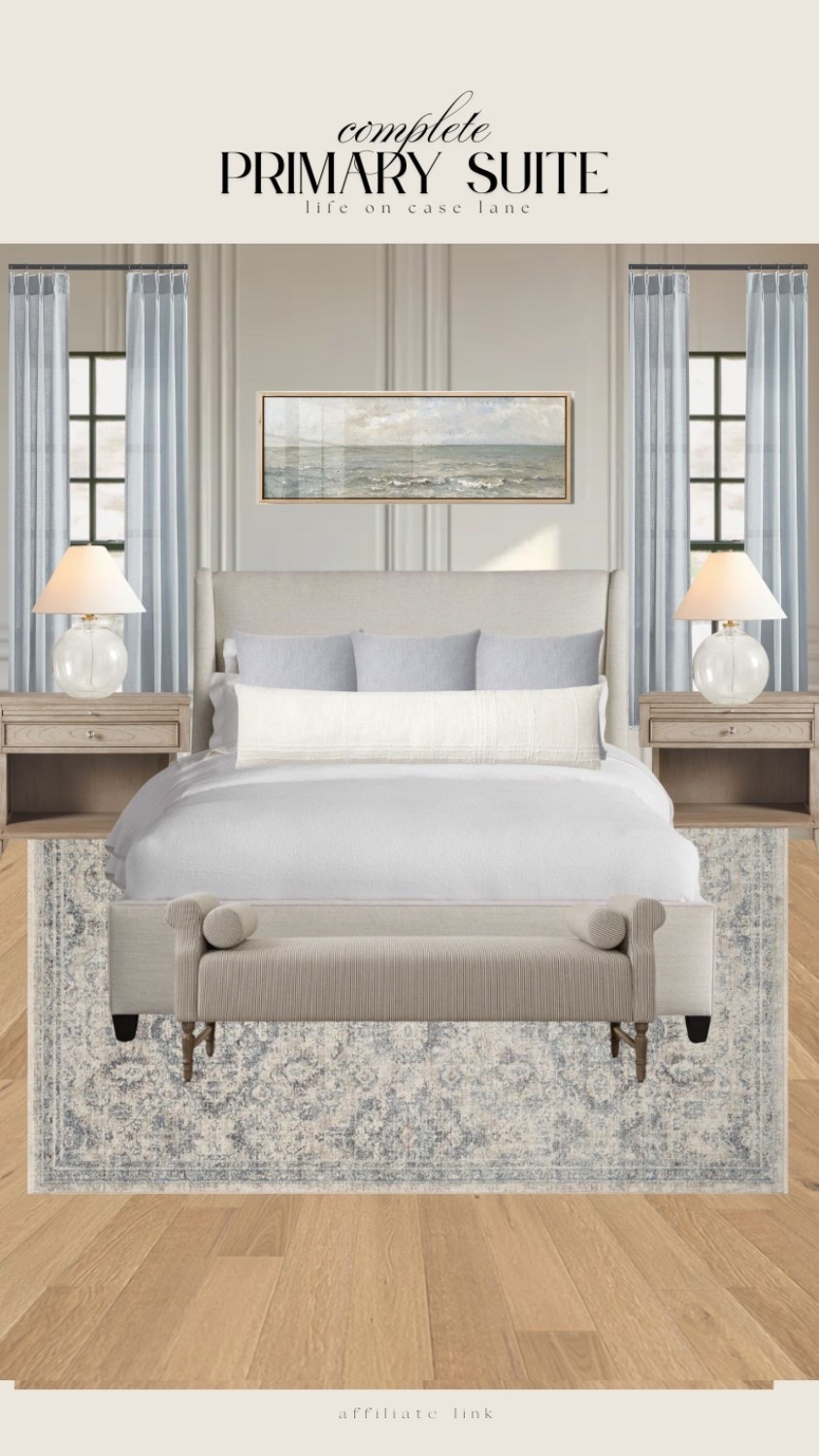 Primary bedroom furniture, master bedroom, guest bedroom, traditional bedroom, transitional bedroom, nightstand, upholstered bed, area rug, bedroom bench, bedroom chandelier, lamp, bedroom lamp, neutral bedroom, curtains, neutral curtains, triple pleat pinch curtains, affordable furniture, good quality furniture, wayfair, Loloi, Arhaus furniture, pottery barn lamp, McGee and co bench, end of bed bench, wall art, bedroom art 

#LTKHome #LTKOver40 #LTKSaleAlert