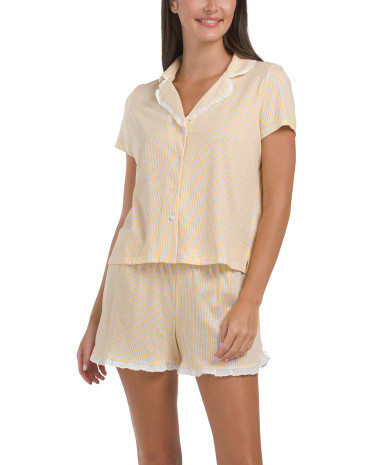 2pc Cotton Blend Stripe Notch Collar Top And Pants Pajama Set | TJ Maxx