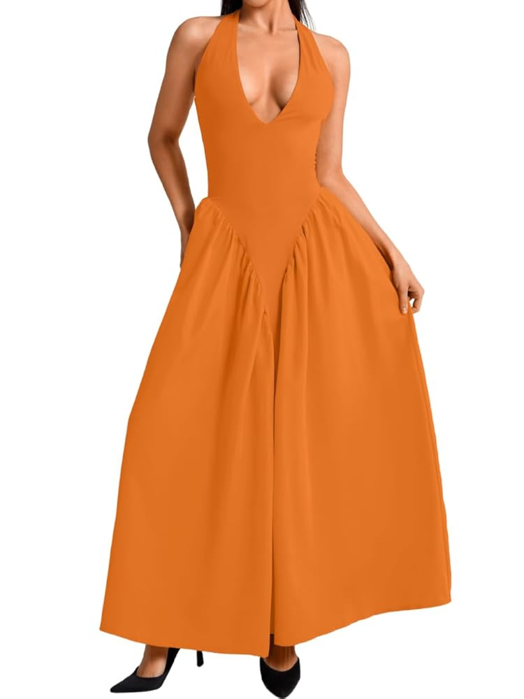 Deep V Neck Dress, Halter Maxi Dresses, Vacation Date Night, Sexy for Women Corset Flowy Wedding ... | Amazon (US)