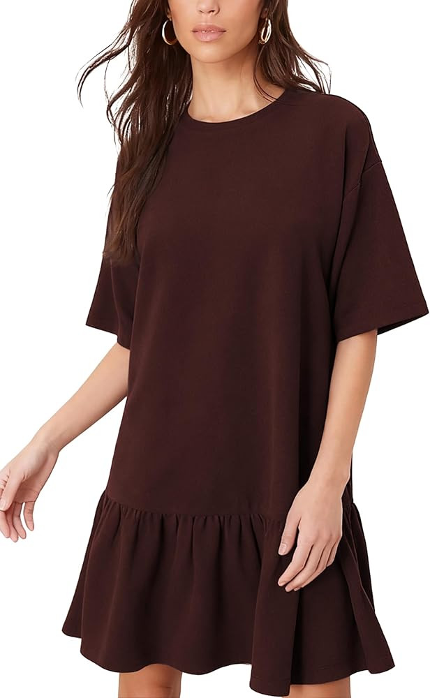 Women's Peplum Mini Dress Dropped Waist Ruffle Hem Oversized Fit Dress Crew Neck Casual Dress wit... | Amazon (US)