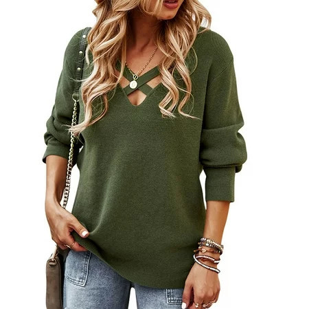 Women s Army Green XL Pure Color Crossover V-Neck Long Sleeve Knit Casual Fashion Sweater | Walmart (US)