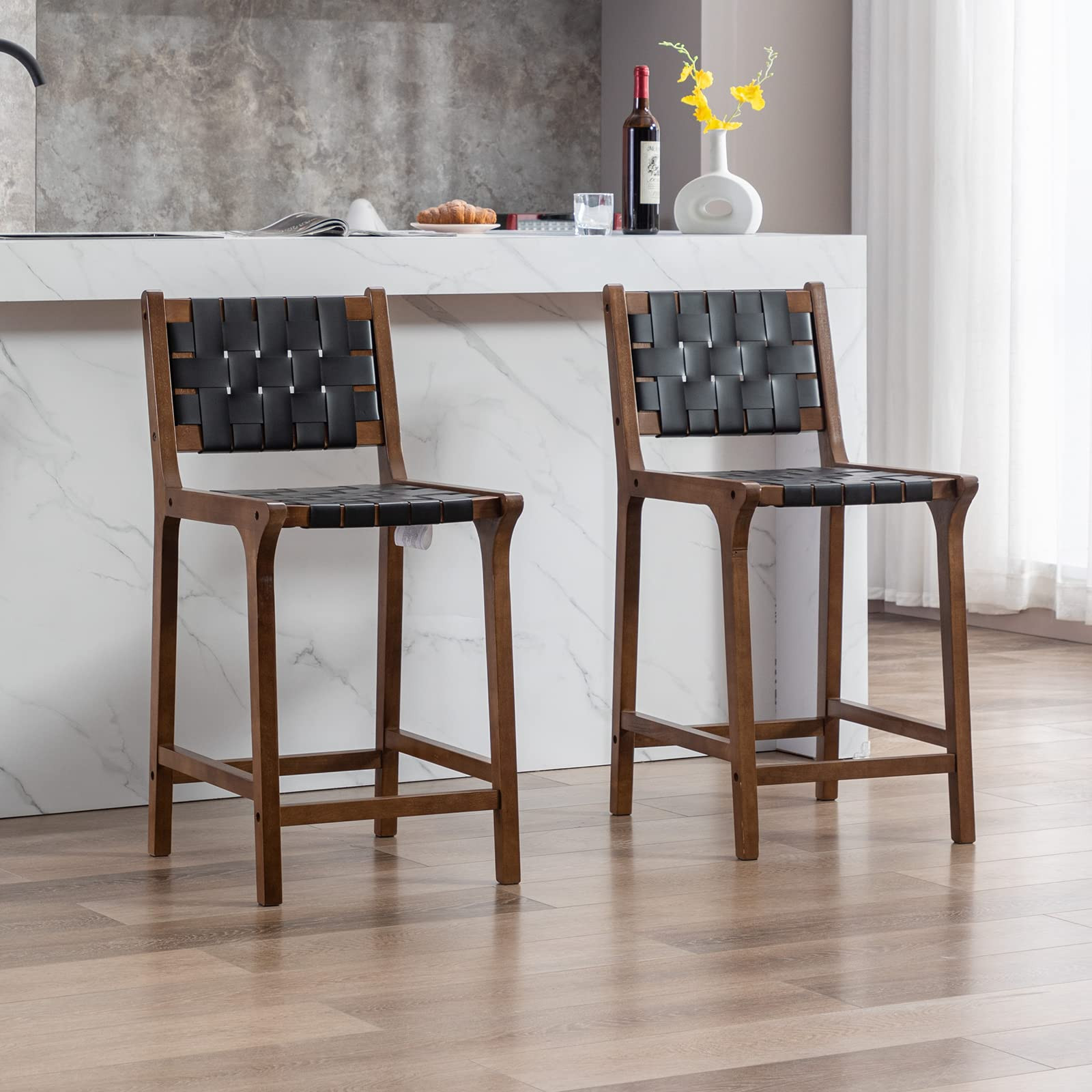 Counter Stools Set of 2 Modern 23.5" Counter Height Barstool with PU Leather Woven Strap Seat & O... | Amazon (US)
