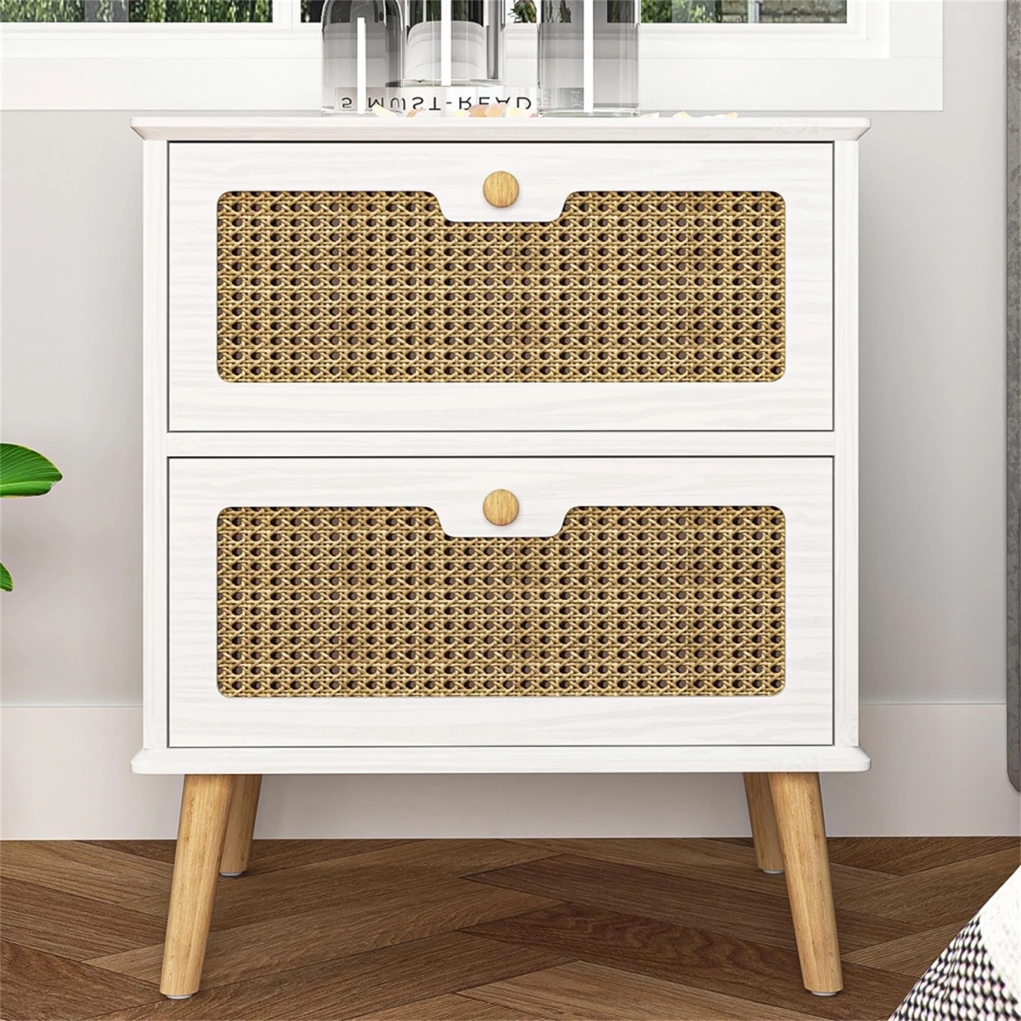 Resenkos White Nightstand for Bedroom with Drawer, Wood Rattan Bedside Table Living Room Side Tab... | Walmart (US)