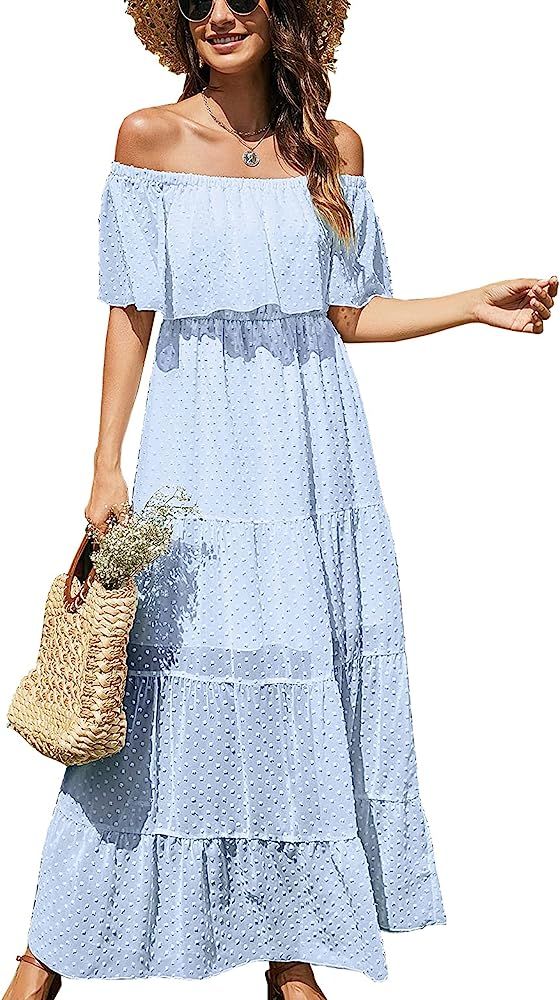 KIRUNDO 2021 Summer Women’s Off Shoulder Maxi Dress Polka Dots Short Sleeves High Waist Pleated... | Amazon (US)