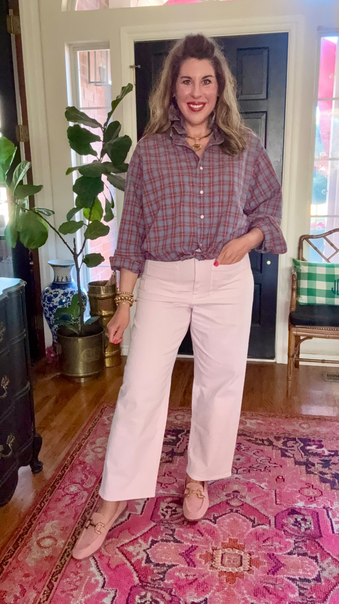 Perfect blush pink jeans and loafers for Spring! Jeans are high waisted with no stretch, size up if in between. Loafers are incredibly comfortable to wear all day, would be great for professional wardrobe too! Custom blouse from IG @happystackshop

#LTKWorkwear #LTKOver40 #LTKootd