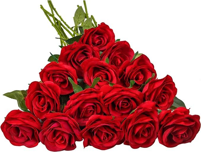 Ouddy 15PCS Fake Red Roses Artificial Flowers Silk Long Stem Roses Bouquet for Valentines Day Dec... | Amazon (US)