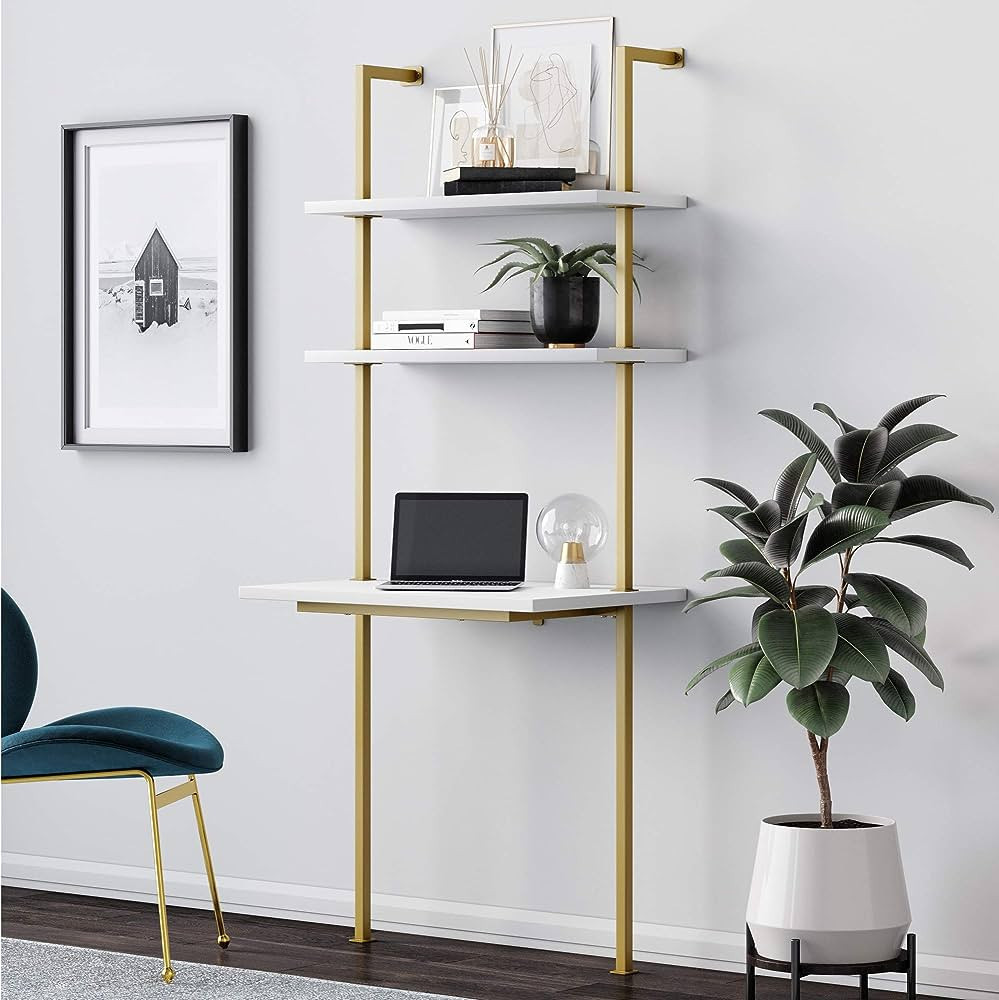 Nathan James Theo 2-Shelf Industrial Wall Mount Ladder Small Computer or Writing Desk, White/Gold... | Amazon (US)