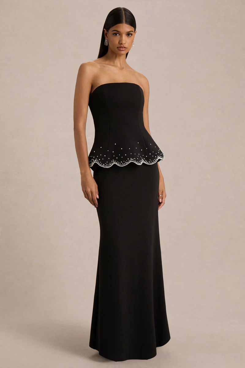 Robin  Black Hand-Embellished Strapless Corset Maxi Dress | Club L London