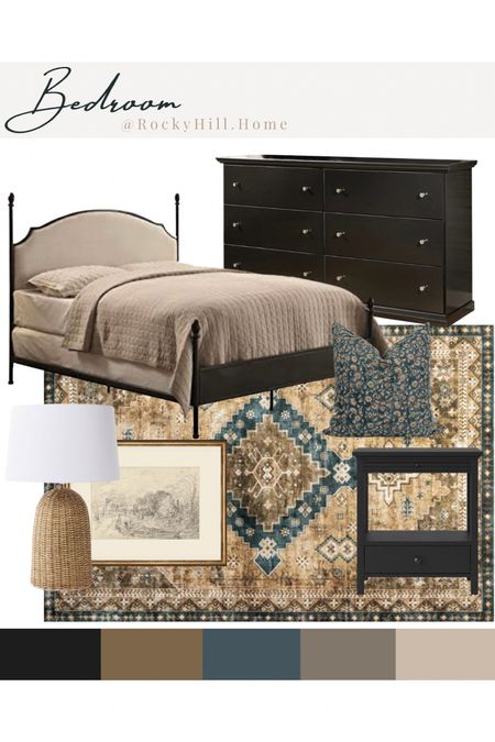 Bedroom design board with affordable bedroom furniture, Lauren Liess rug, black dresser, black nightstands, woven lamp, sketch print and teal pillow 

#LTKhome #LTKstyletip