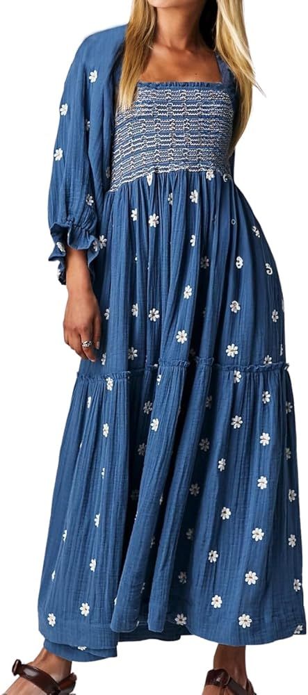 Women's Casual Embroidered Maxi Dress Floral Flowy Square Neck Dresses with Puff Sleeves for Summer  | Amazon (US)