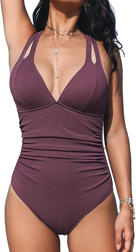 CUPSHE Women's One Piece Swimsuit Tummy Control Deep V Neck Double Straps Crisscross Back Tie Bat... | Amazon (US)