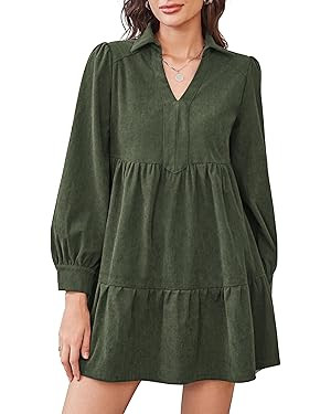 FOMELY Corduroy Dress Women V Neck Long Sleeve Fall Winter Dresses A Line Babydoll Dress with Poc... | Amazon (US)