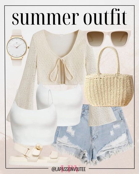 Summer chic: Pair denim shorts with a breezy cami crop tank, topped off with a bell-sleeve crop cardigan for those cooler evenings. Complete the look with stylish sunglasses, a sleek watch, a straw bag for essentials, and double-strap sandals for effortless flair. Ready for endless sunny adventures!

#LTKfindsunder100 #LTKstyletip #LTKSeasonal