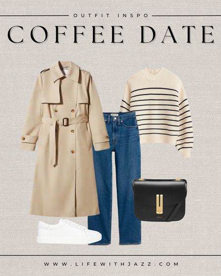 Coffee date outfit idea 

- spring outfit inspo, coffee date outfit, coffee run, casual outfit, comfy outfit, trench coat, striped sweater, jeans, sneakers, purse 

#LTKSeasonal #LTKstyletip