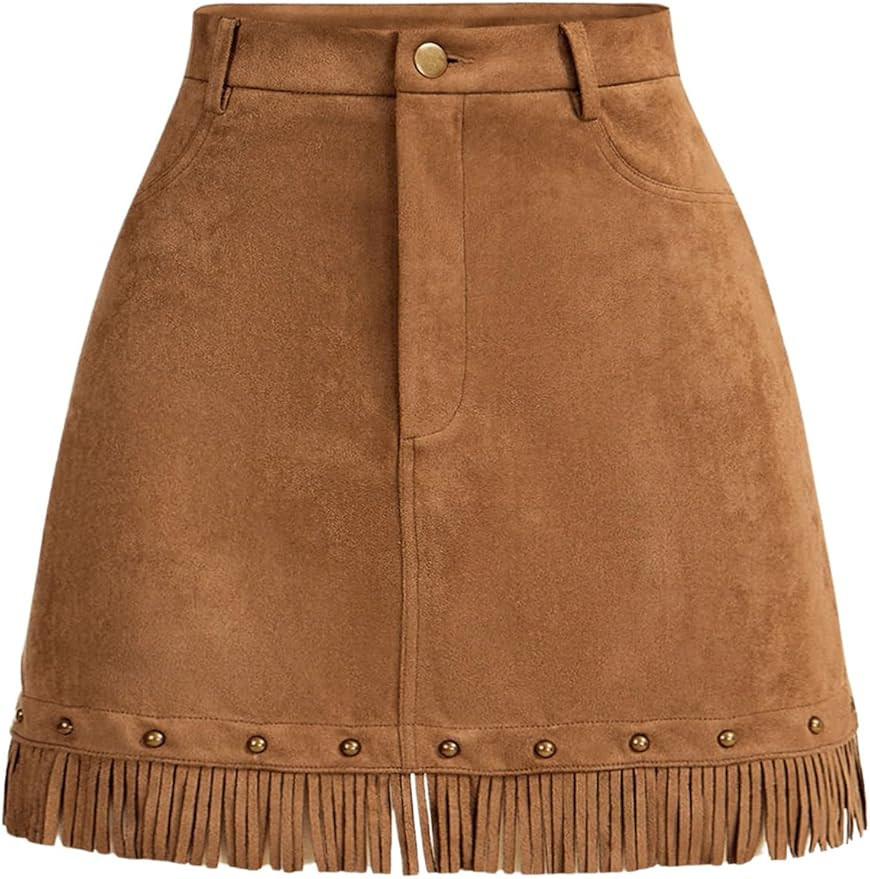 WDIRARA Women's High Waisted Fringe Trim Suede Skirt Western A Line Short Skirt | Amazon (US)