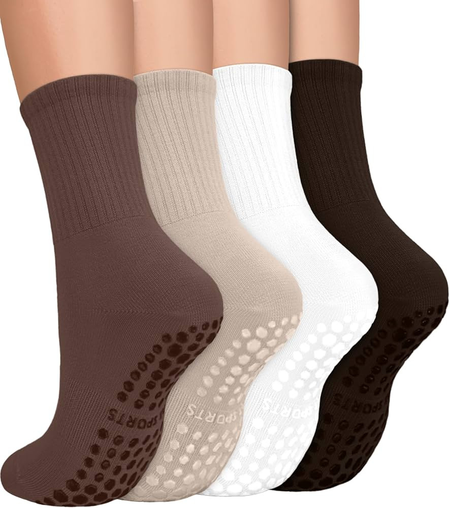 yeuG 4 Pairs Non Slip Pilates Socks with Grips for Women, Grip Socks for Yoga Barre Grippy Crew S... | Amazon (US)