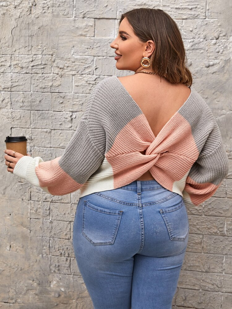 Plus Colorblock Drop Shoulder Twist Back Sweater | SHEIN