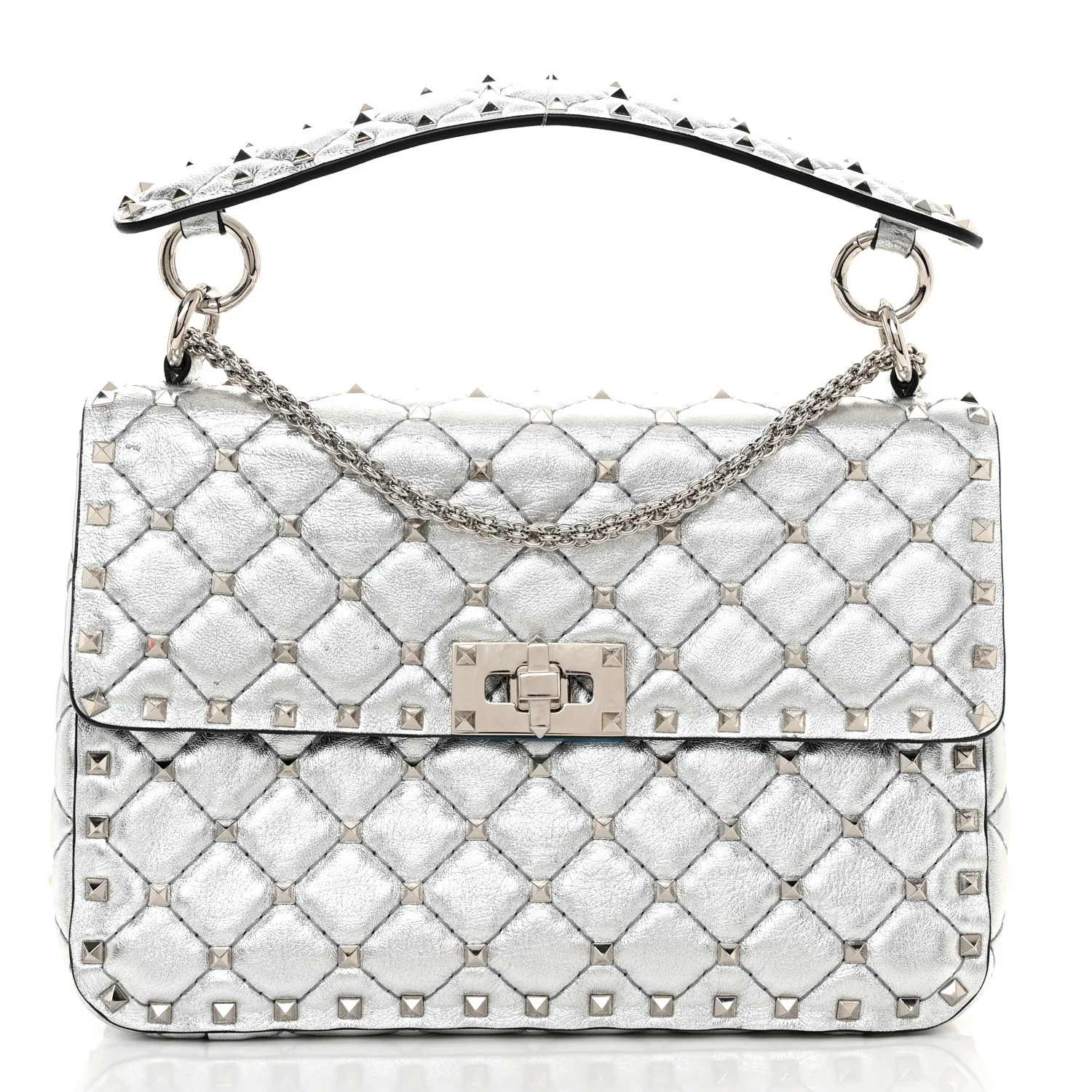 Metallic Nappa Medium Rockstud Spike Shoulder Bag Silver | FASHIONPHILE (US)