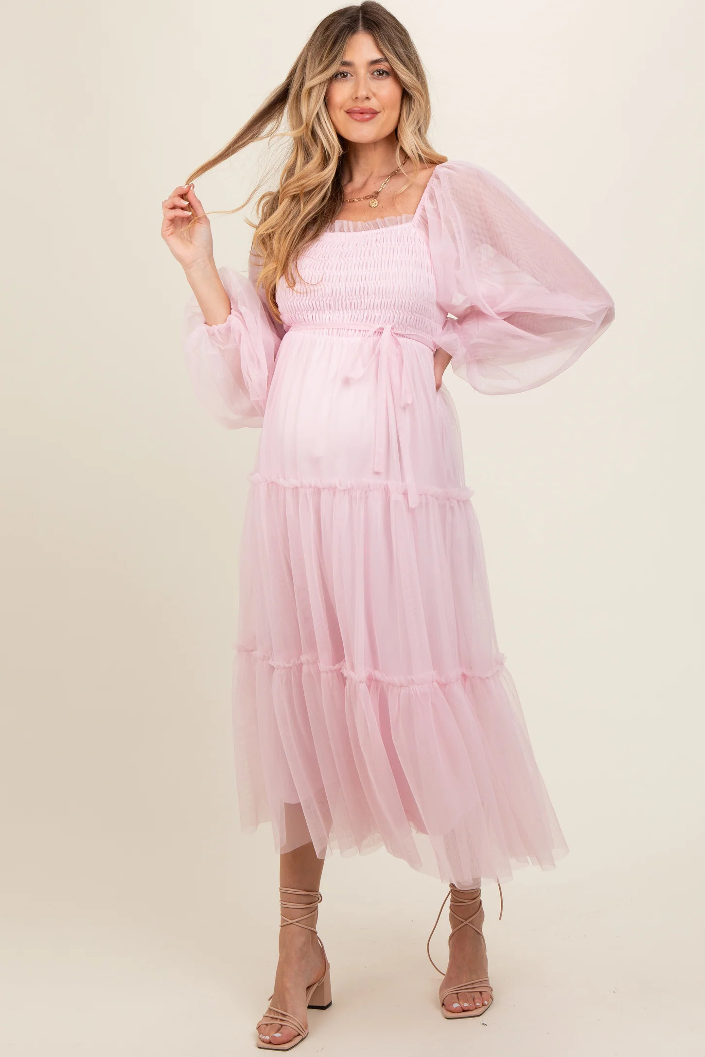 Pink Mesh Tiered Long Sleeve Maternity Maxi Dress | PinkBlush Maternity