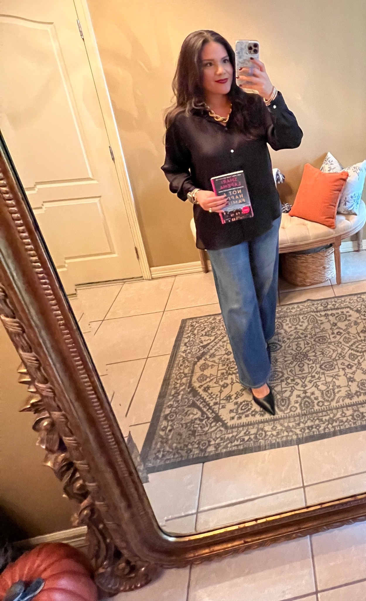 Book club outfit idea
September 
Black satin button down blouse
Black slingback heels
Pointy
Wide leg jeans
Not a happy family 
Novel
Book of the month

#LTKStyleTip #LTKSaleAlert #LTKFallSale