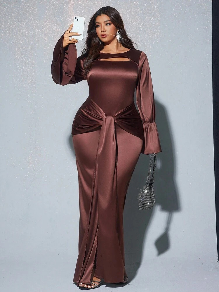 Viva Relle Plus Size Women's Elegant Long Sleeve Dress, Front Tie, Suitable For Cocktail Party, R... | SHEIN