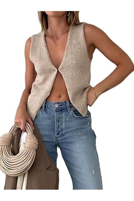 Women Crochet Knit Vest Top Solid Color V Neck Sleeveless Button Down Y2K Crop Tops | Amazon (US)
