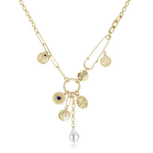 BONJOULRY Charm Necklace for Women Gold Evil Eye Pearl Blue Beads Coin Pendant Necklace Dainty Paperclip Chain Vintage Luck Amulet Choker Necklaces Celestial Jewelry Gift | Amazon (US)