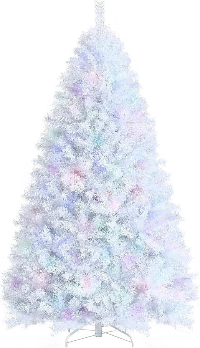 Goplus 7ft White Artificial Christmas Tree, Hinged Unlit Full Xmas Pine Tree w/ 1156 Iridescent B... | Amazon (US)
